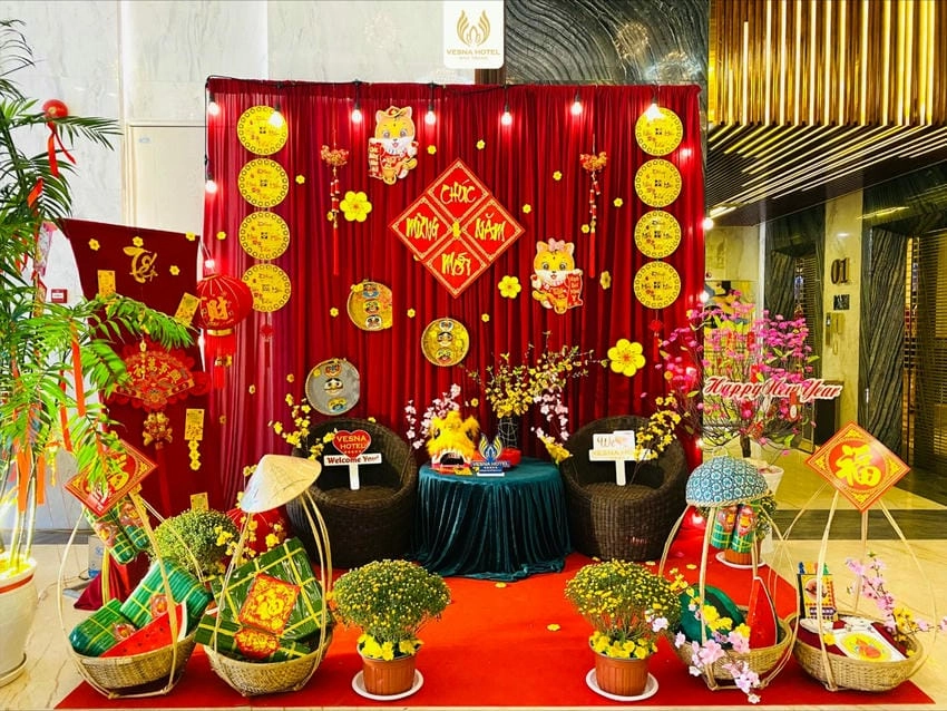 Background chụp hình tết hoa mai vàng khoe sắc