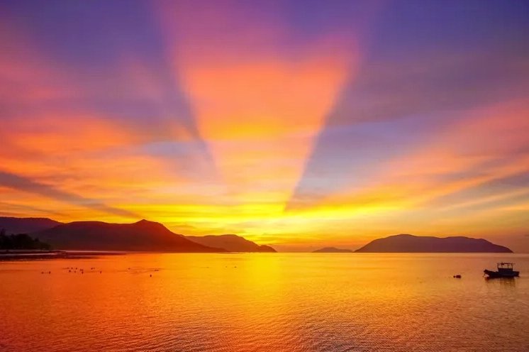 Ánh bình minh nhuộm vàng bầu trời và đường chân trời tĩnh lặng