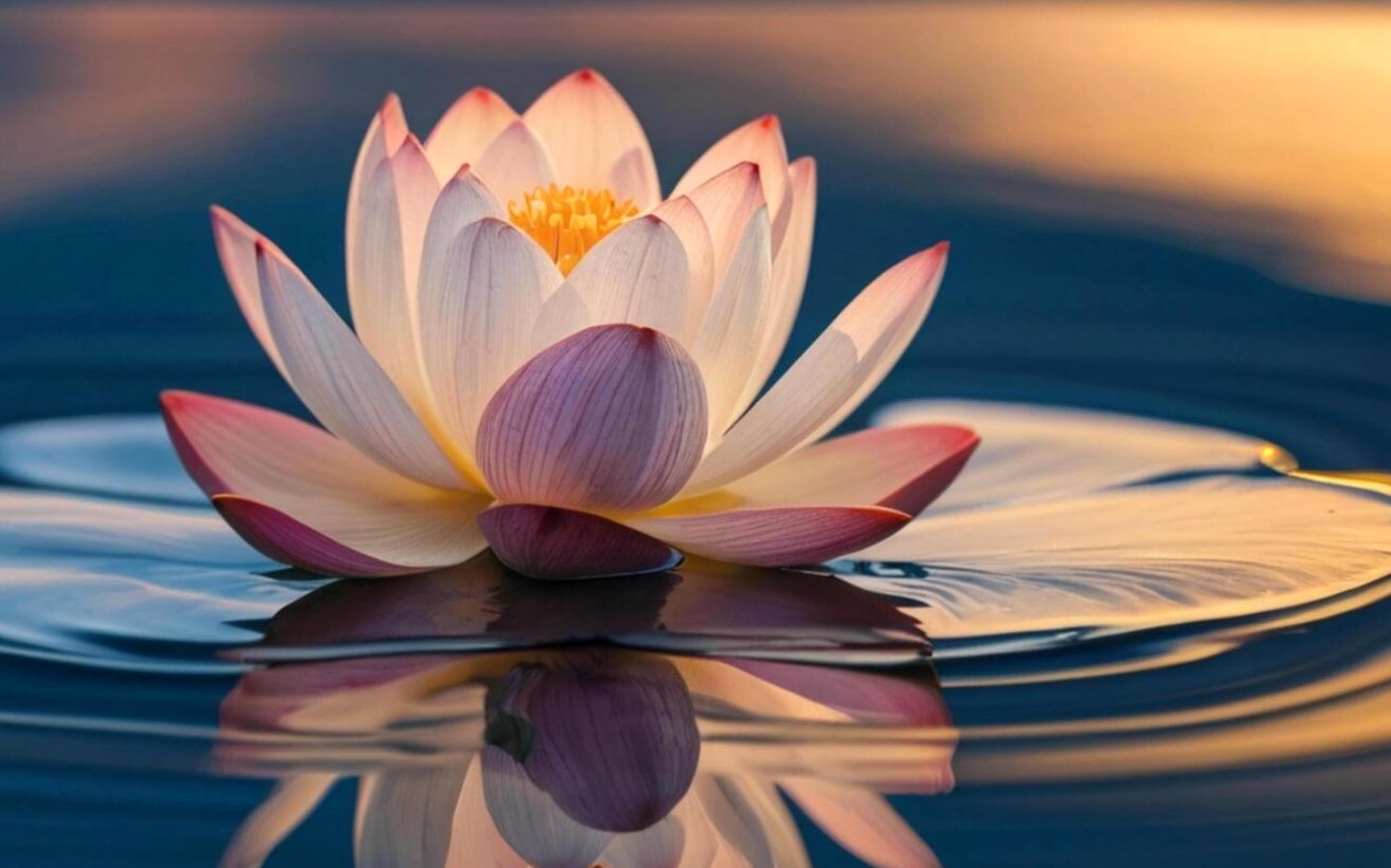 Ánh nắng hoàng hôn vàng rực bao trùm lấy đóa hoa sen hồng