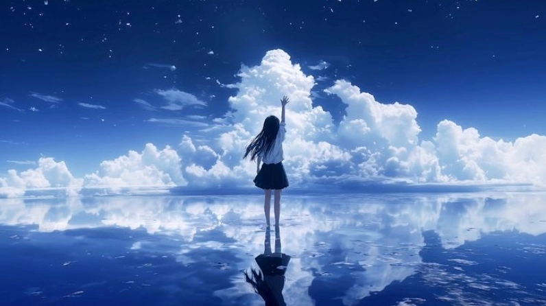 Bầu trời xanh mây trắng trong thế giới hoạt hình Nhật Bản