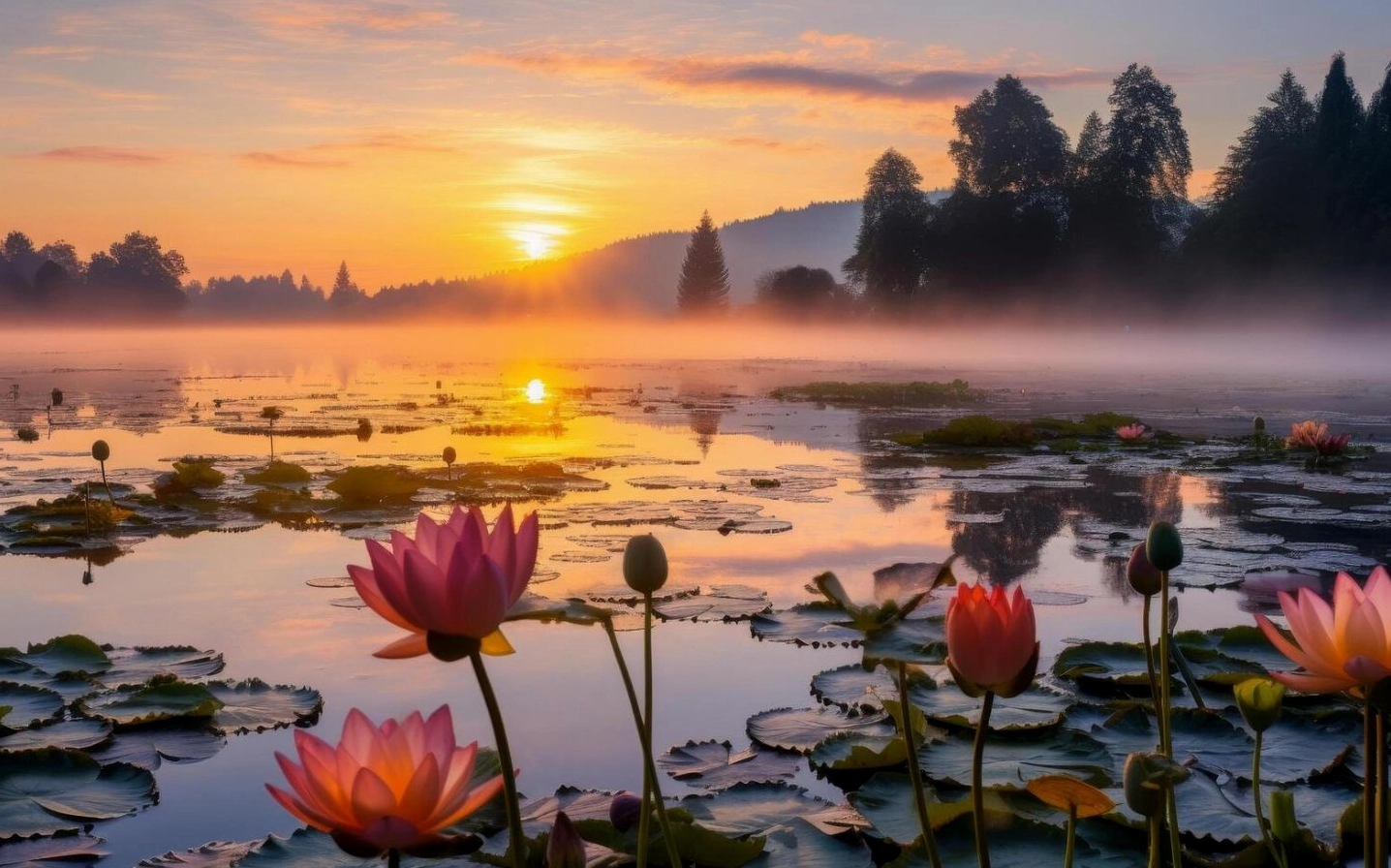 Bình minh phủ sương sen nhuộm vàng