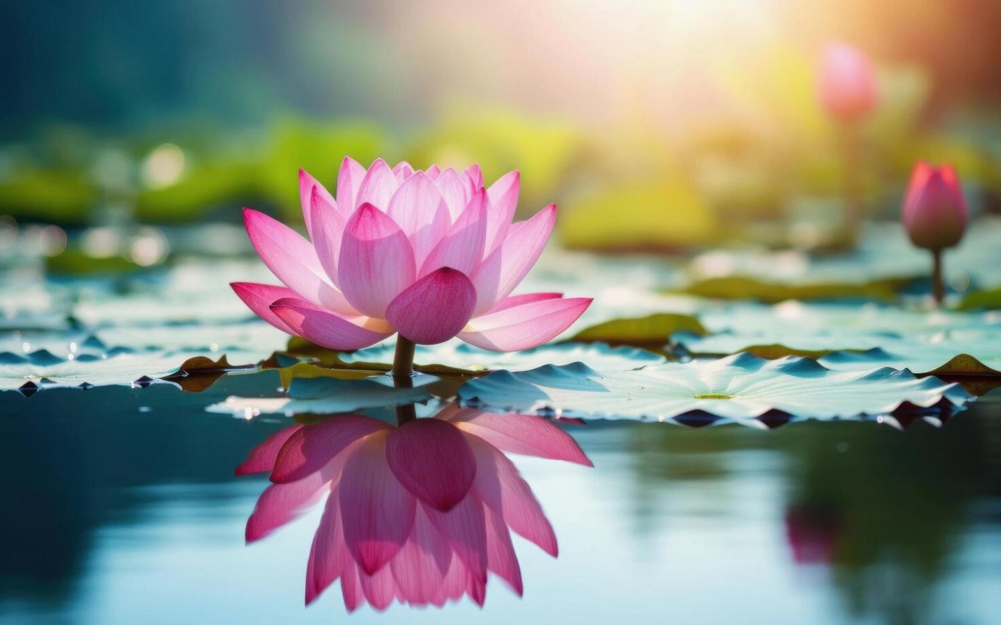 Bông sen hồng dịu dàng phản chiếu sắc màu trên mặt nước