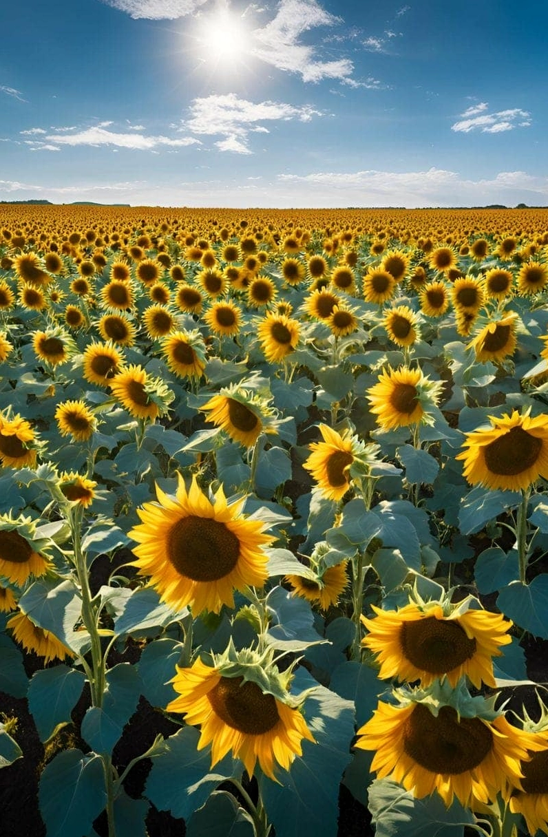 Góc chụp cận cảnh hoa hướng dương và ánh mặt trời