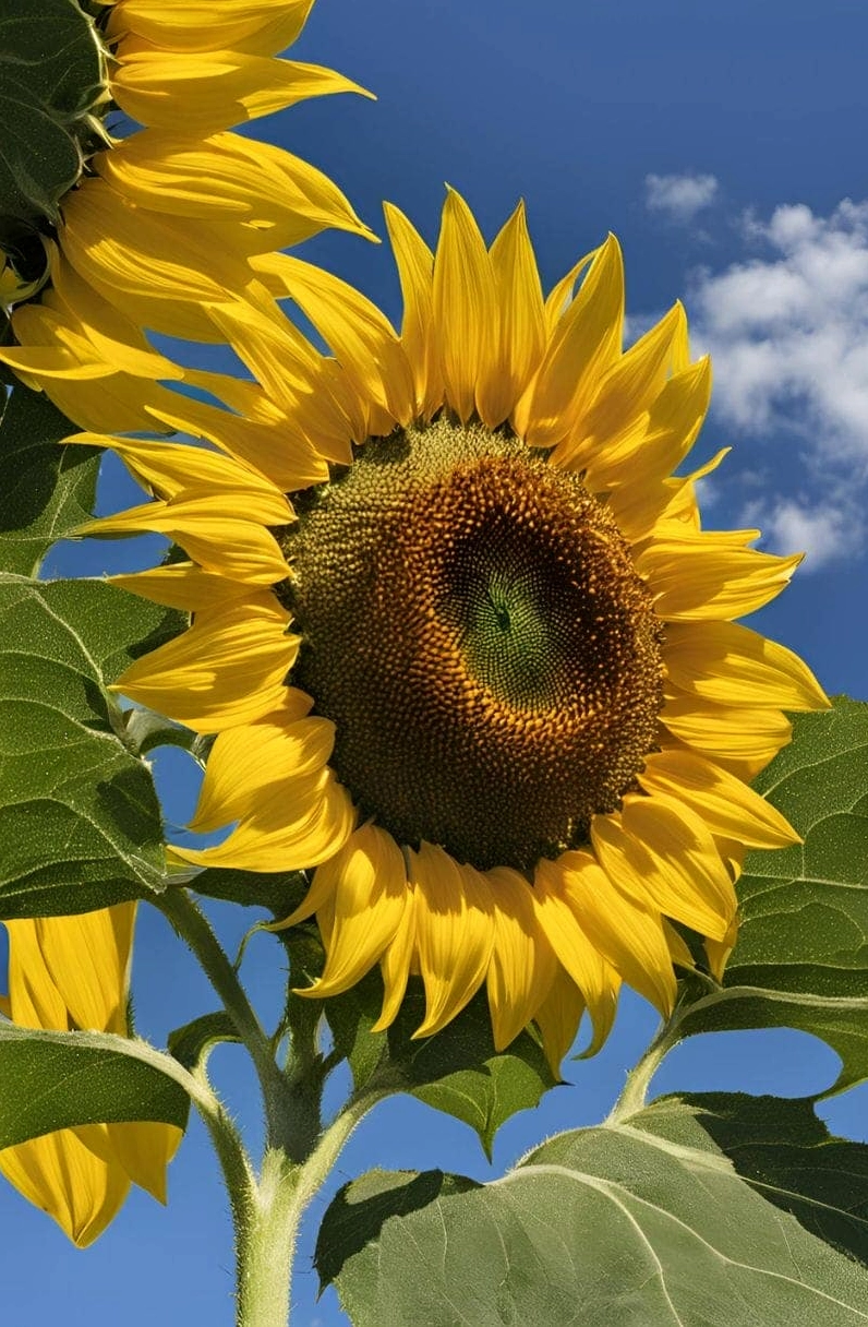 Góc nhìn từ dưới lên bông hoa hướng dương rực rỡ trên nền trời