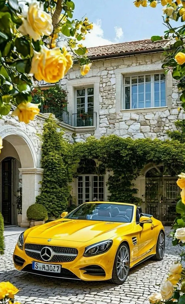 Hình biệt thự trắng bên xe vàng với hoa hồng vàng rủ quanh ban công