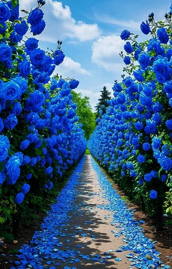 Hình con đường phủ hoa xanh mở ra xa tít tạo cảm giác kỳ ảo như bước vào giấc mơ