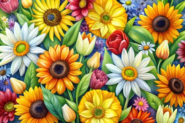 Hình nền Bố cục hoa hướng dương thanh lịch với lá xanh và tông màu nước 4K