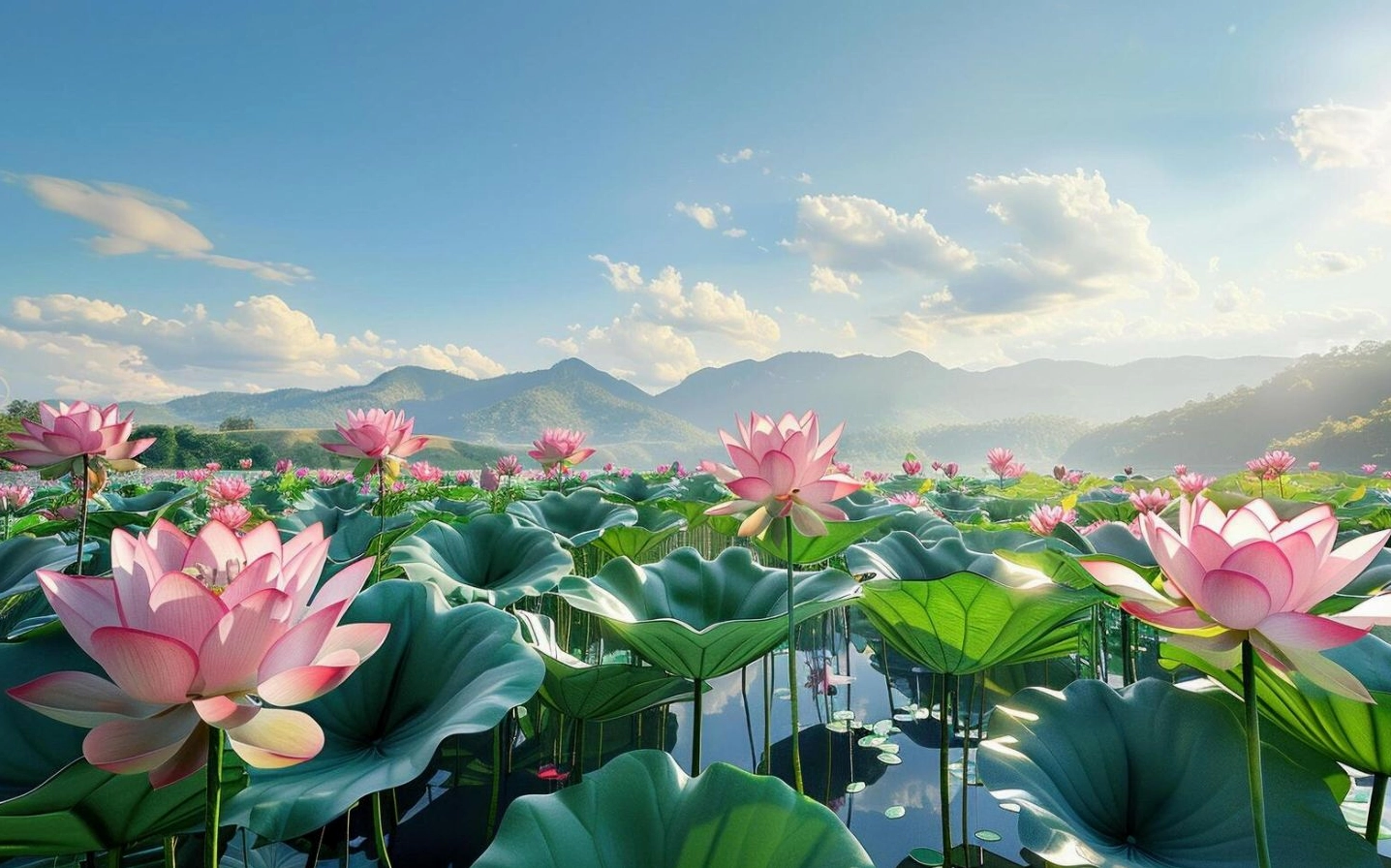 Hình nền cánh đồng sen bạt ngàn trải dài dưới bầu trời