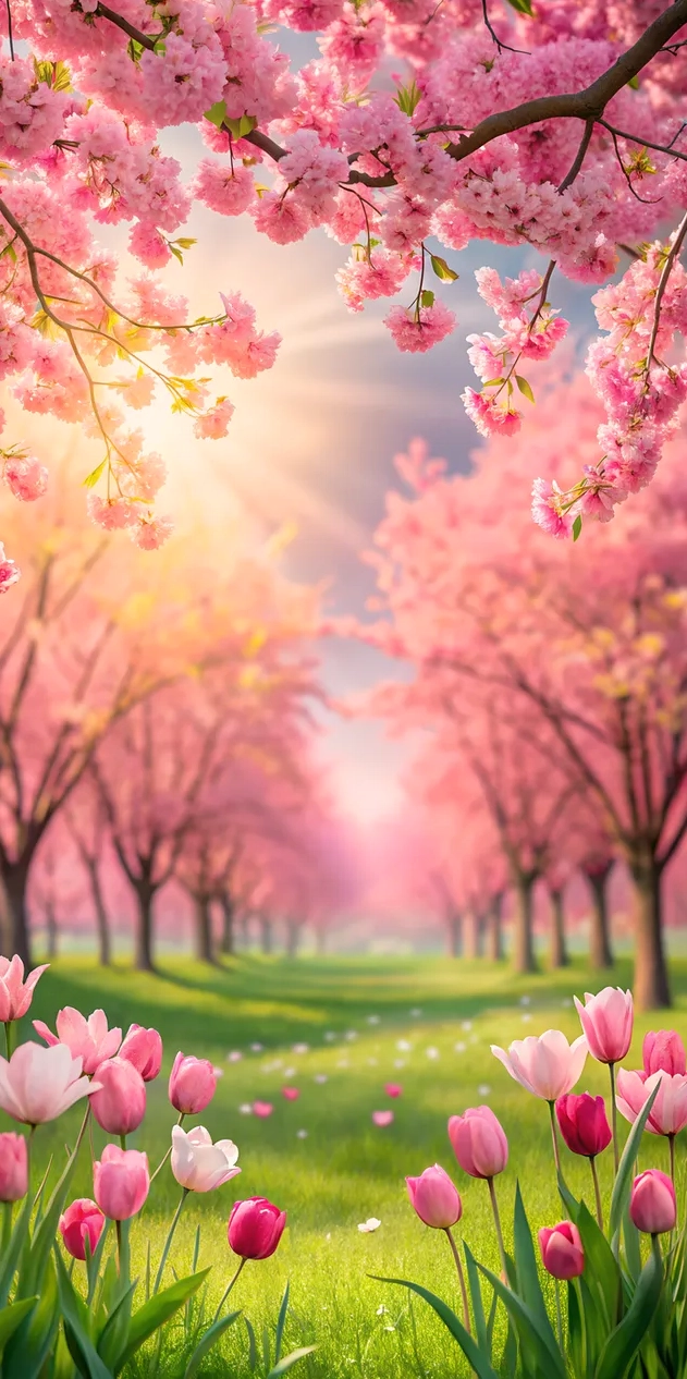 Hình nền Cảnh mùa xuân hồng với những bông hoa nở rộ 2K