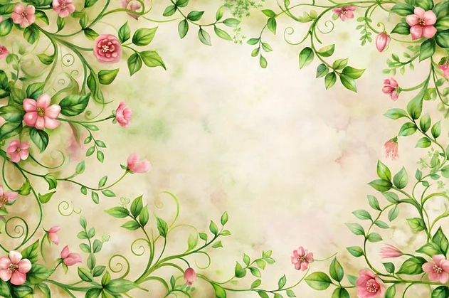 Hình nền Dây leo hoa phức tạp với màu nước hồng và xanh lá cây 4K