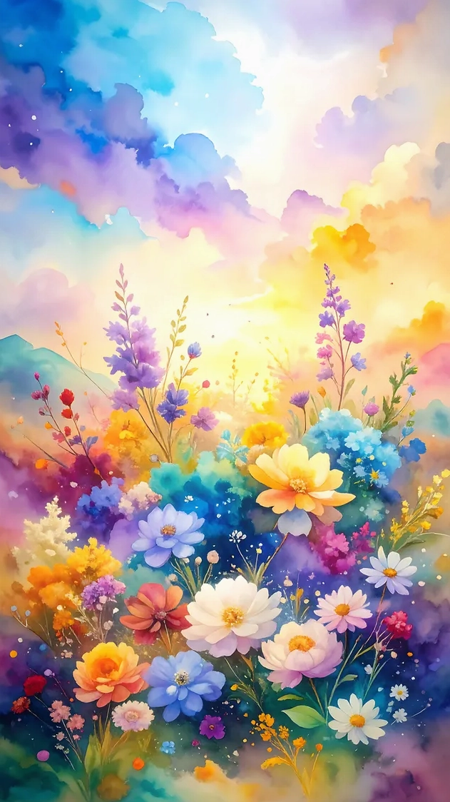 Hình nền Hoa dại đầy màu sắc trong Dreamy Watercolor Bloom 4K