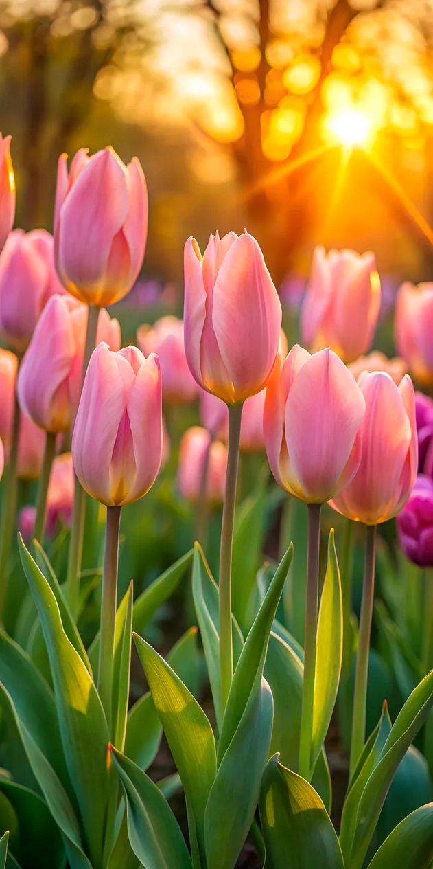 Hình nền hoa tulip đỏ và vàng với cảm giác hoàng hôn trong vườn 2K