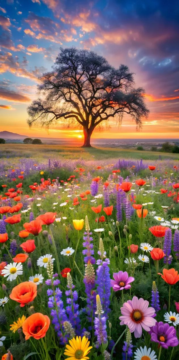 Hình nền Hoàng hôn ấm áp trên cánh đồng hoa 2K