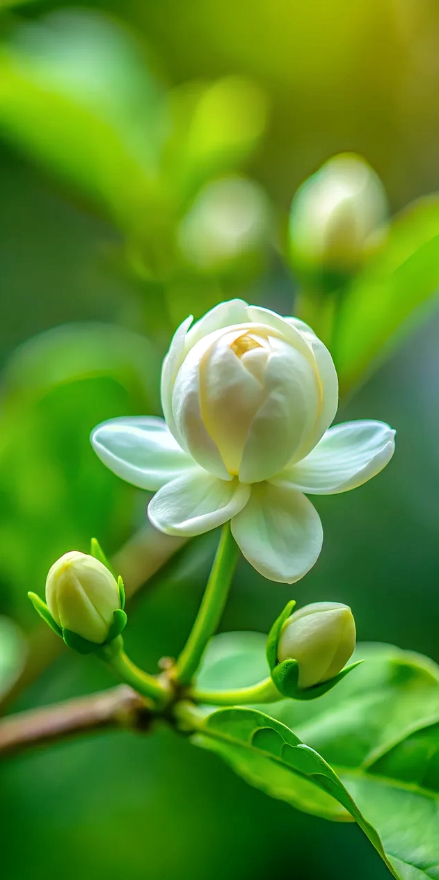 Hình nền mất một bông hoa nhài trắng nở và nụ Bức ảnh cận cảnh hoa tinh tế với cánh hoa tươi, kết cấu tự nhiên 2K