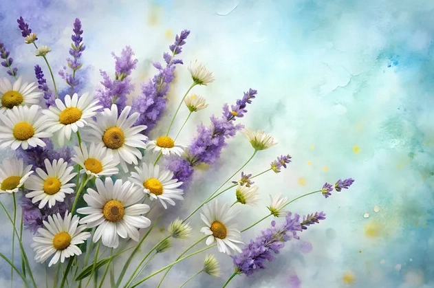 Hình nền Một sự sắp xếp kỳ quặc của hoa oải hương và hoa cúc được phác họa bằng tay trên một lớp màu nước nhạt 4K