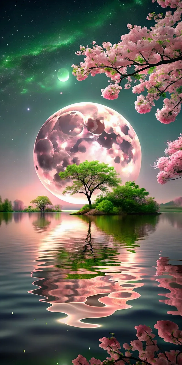 Hình nền pring Pink Moon với cành cây thanh lịch màu xanh lá cây và phản chiếu nước 2K