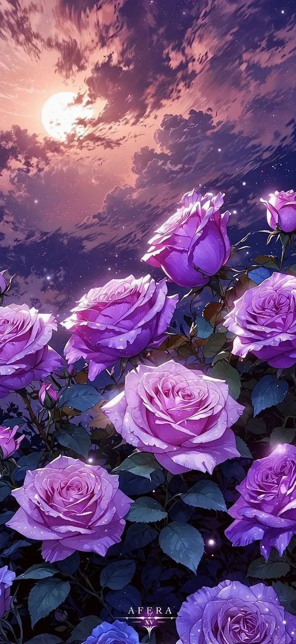 Hình phông nền hoa hồng tím nở rộ dưới hoàng hôn lá xanh dày cảm giác lãng mạn và tĩnh lặng