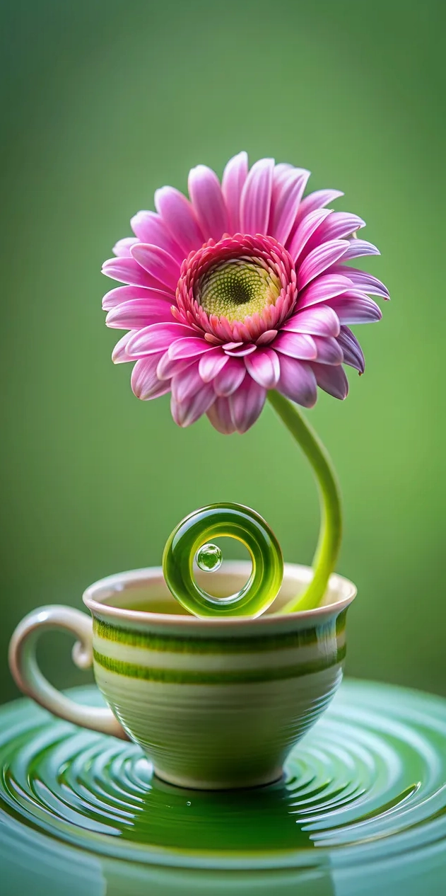 Hoa cúc đồng tiền màu hồng được đặt nhẹ nhàng trong tách trà