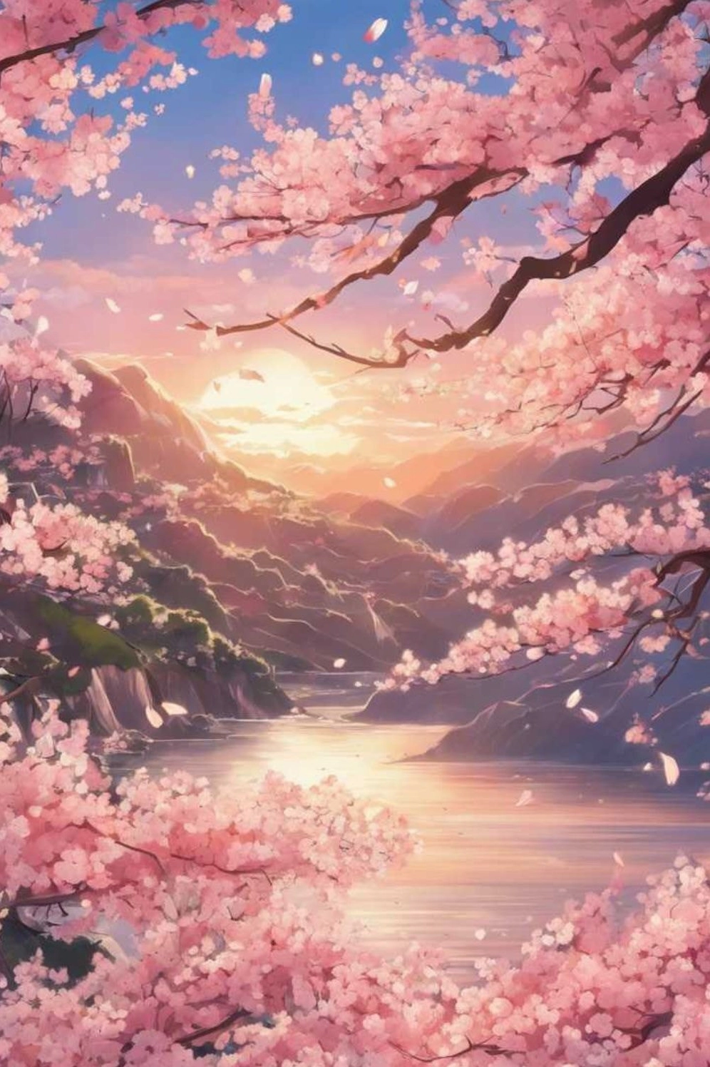 Hoa đào nở rộ trong sắc trời hoàng hôn