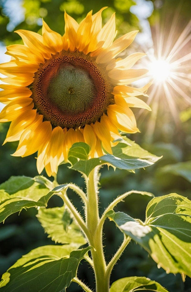Hoa hướng dương và mặt trời tỏa nắng rực rỡ