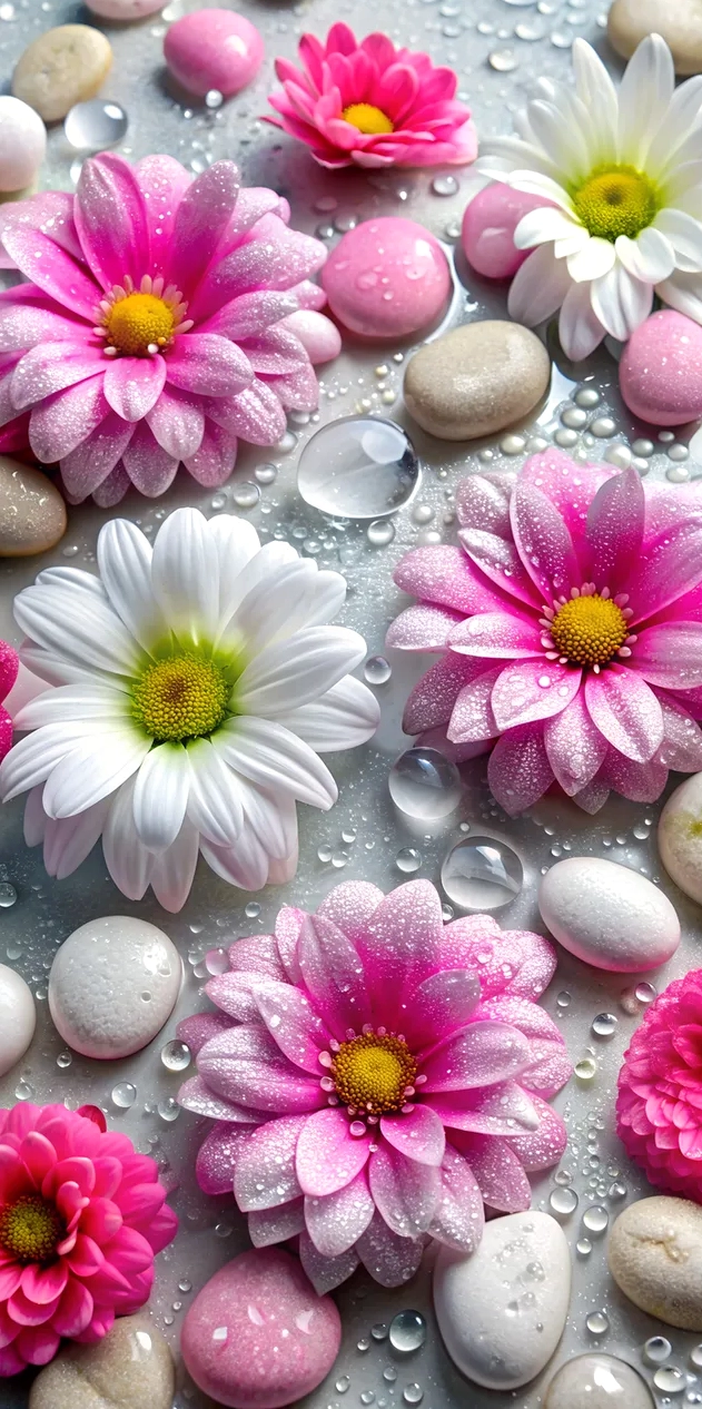 Hoa tự nhiên màu hồng và trắng với đá cuội và giọt nước