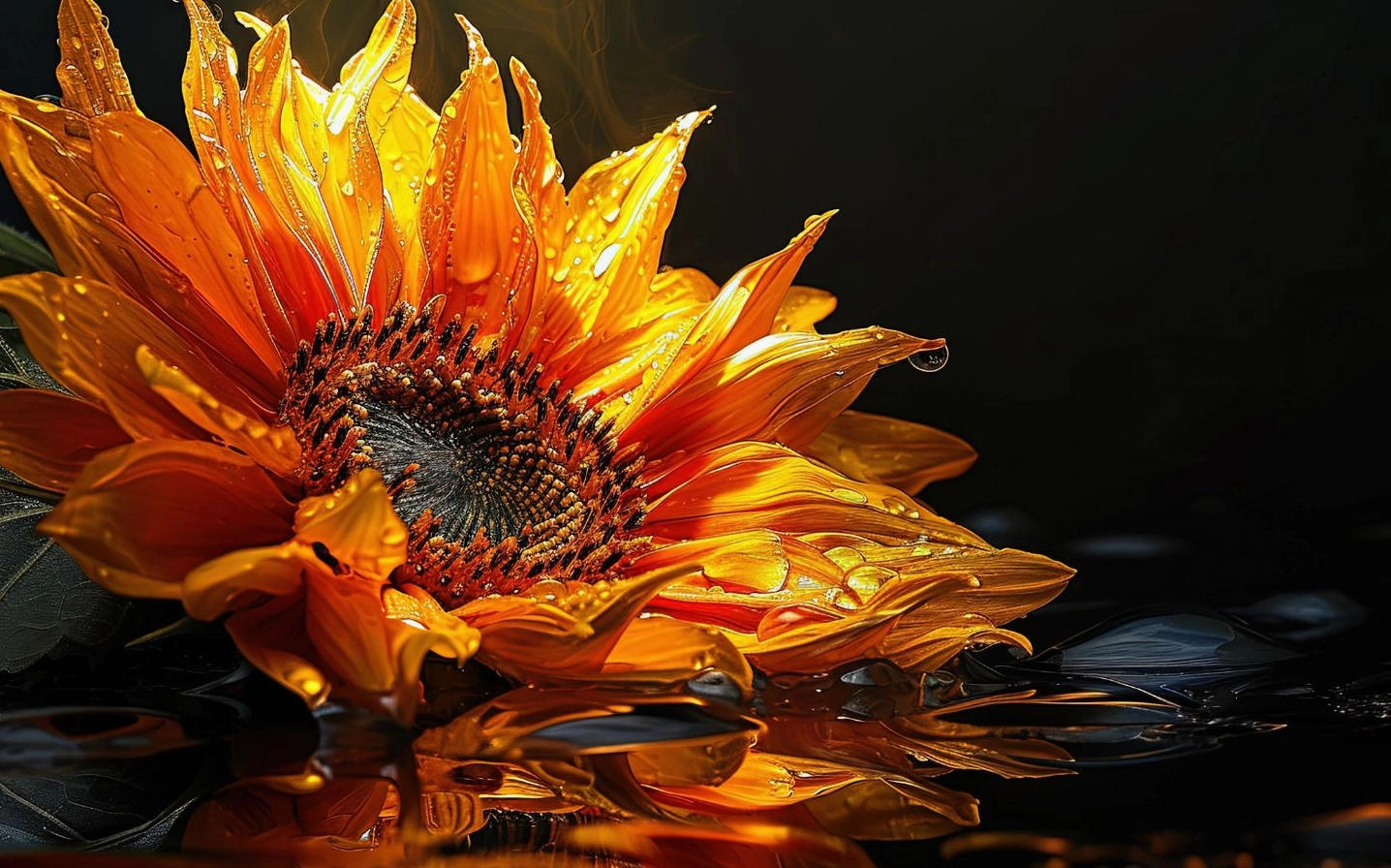 Hướng dương vàng rực phản chiếu trên mặt nước tĩnh lặng