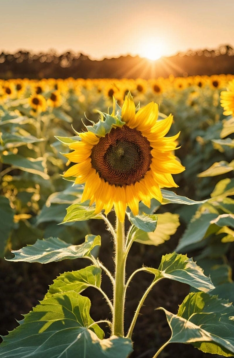 Khung cảnh lãng mạn của hoa hướng dương dưới ánh hoàng hôn