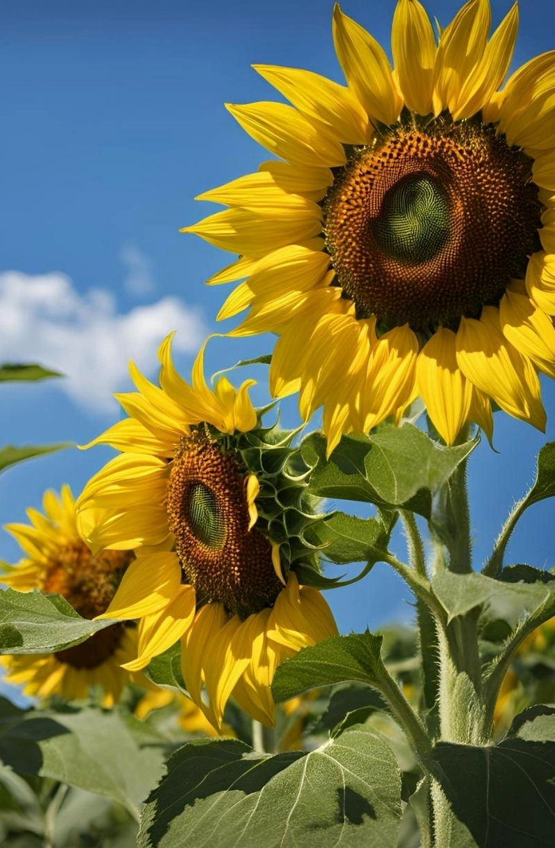 Khung cảnh thơ mộng của hoa hướng dương và những đám mây trắng