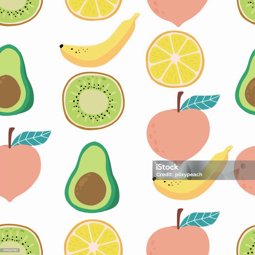Nền trái cây dễ thương với chanh kiwi đào chuối bơ vector minh họa mẫu liền mạch