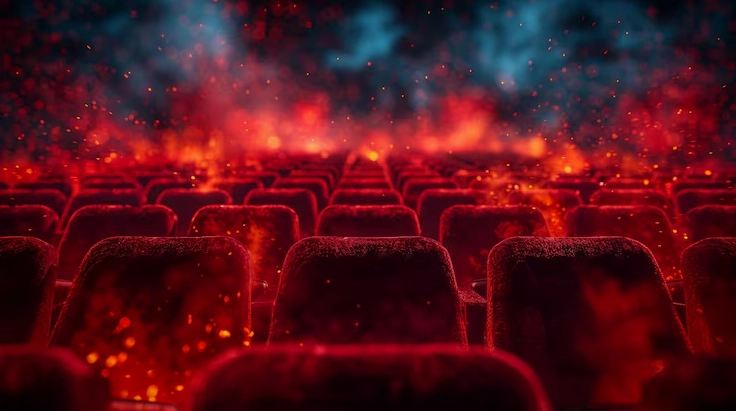 Rạp chiếu phim với hàng ghế đỏ trên nền không gian đỏ rực