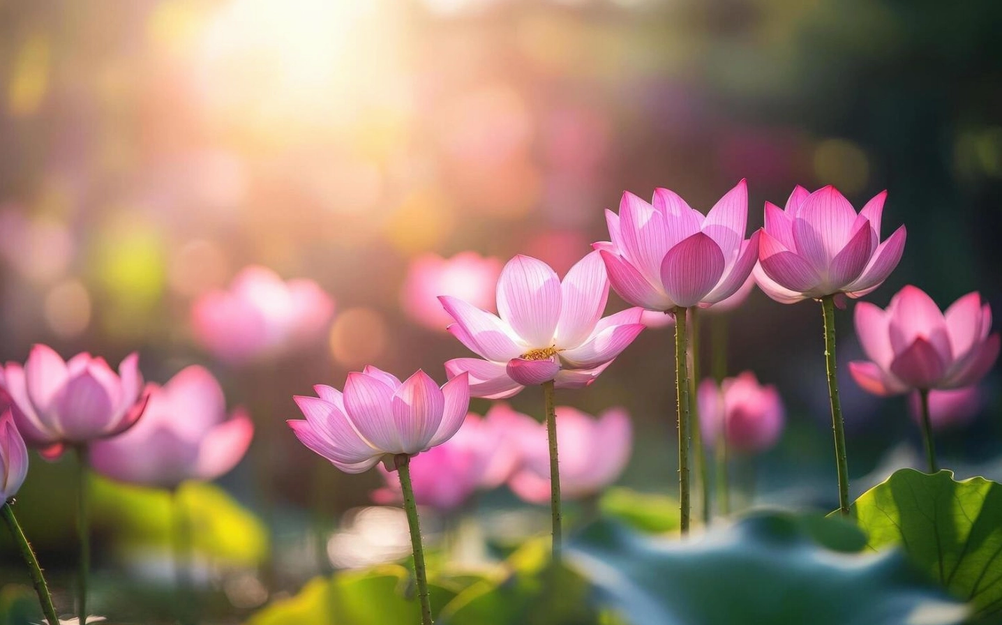 Sen hồng bung nở rực rỡ ánh sáng