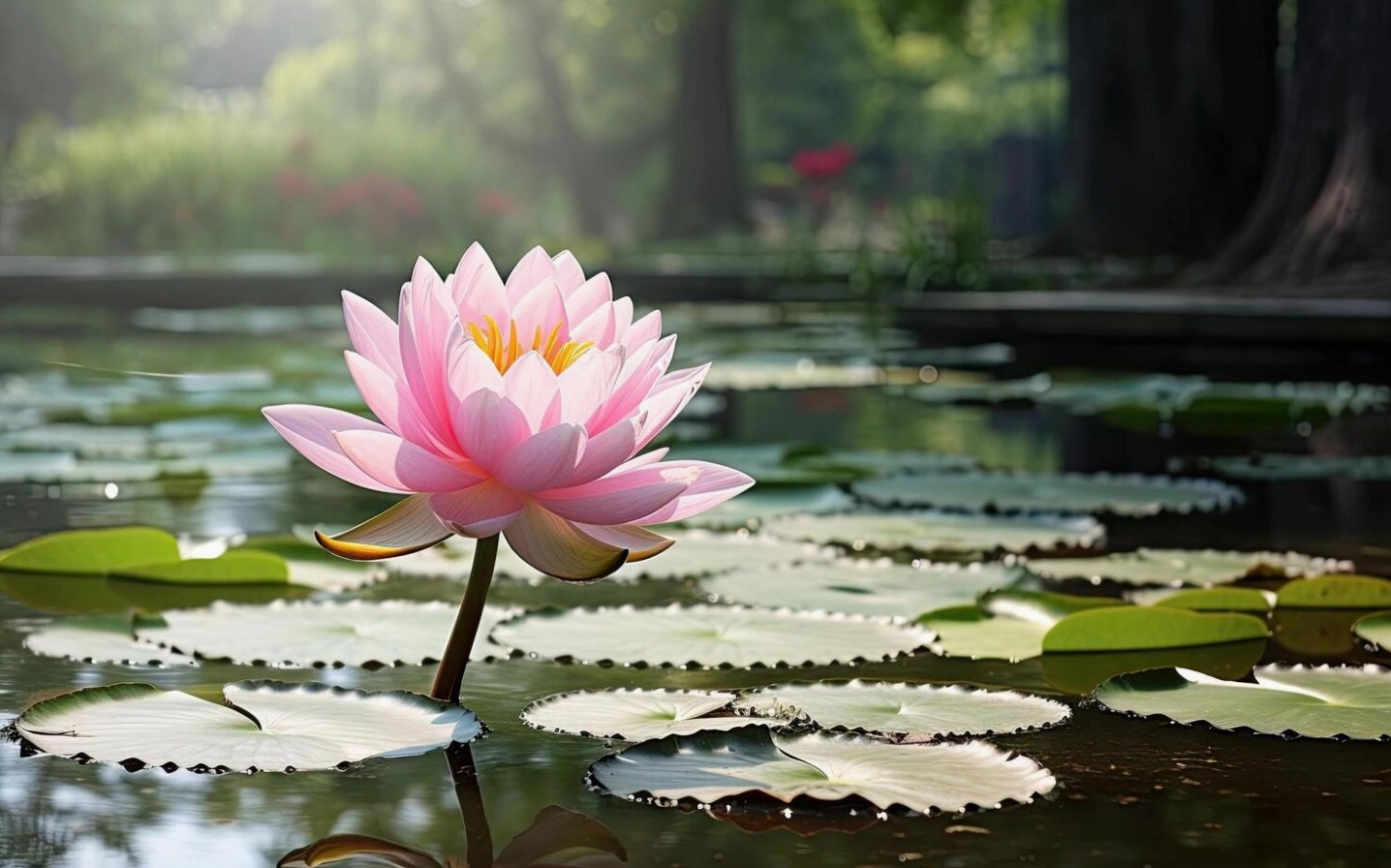 Sen hồng dưới tán cây xanh mát