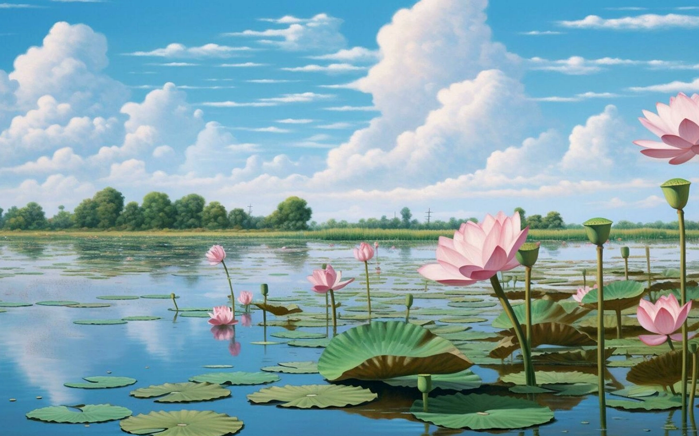 Sen nở giữa hồ, bầu trời xanh