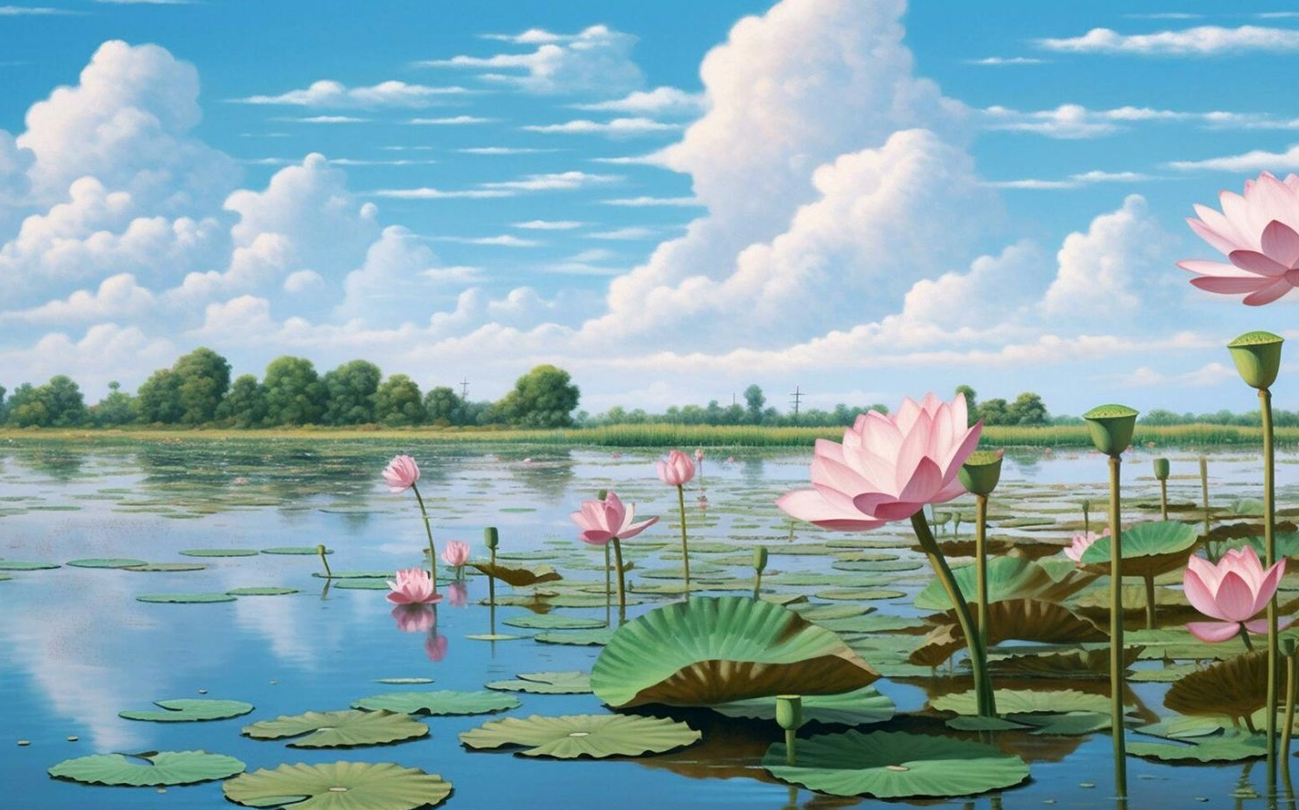 Sen nở giữa hồ bầu trời xanh