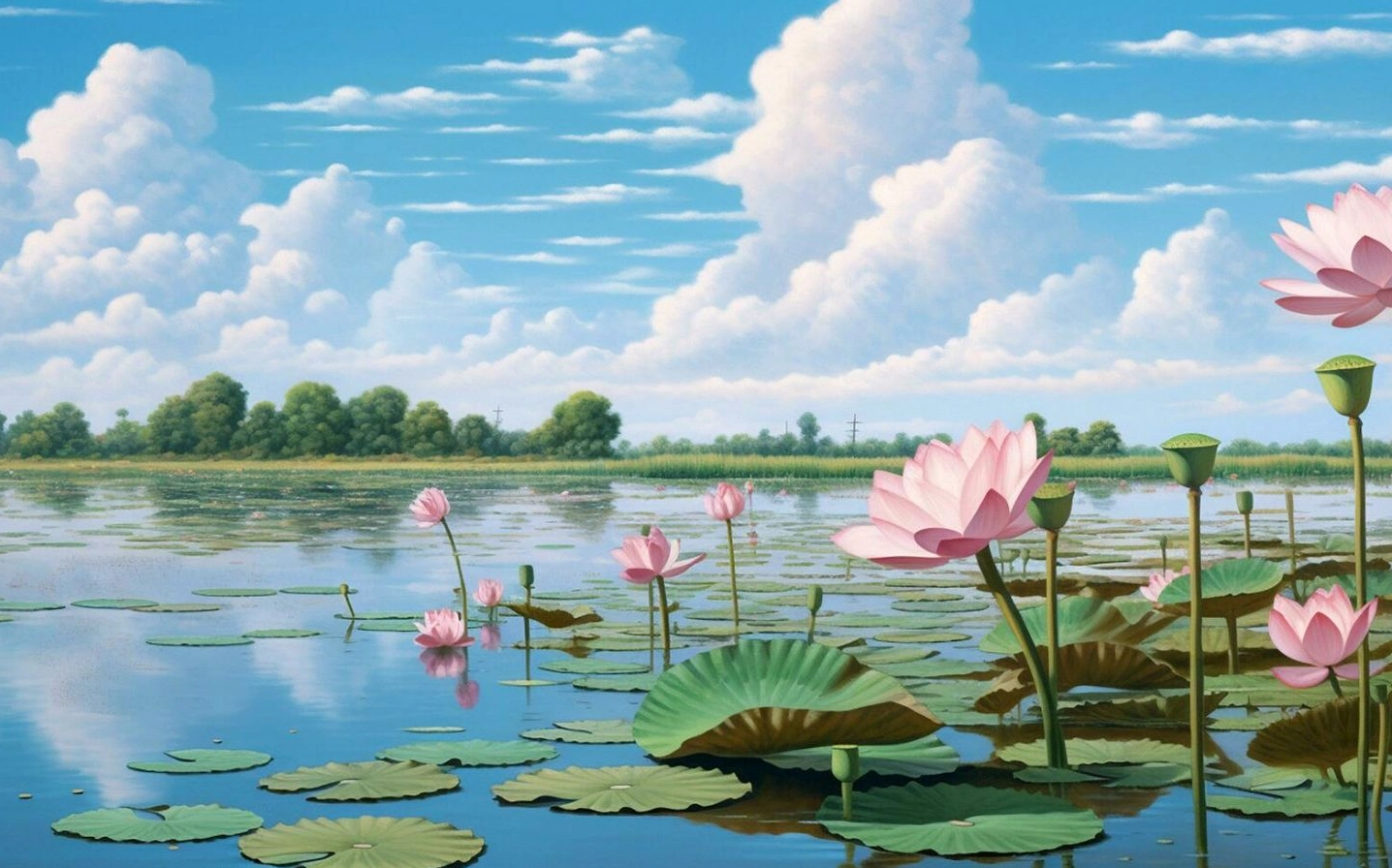 Sen nở giữa hồ bầu trời xanh