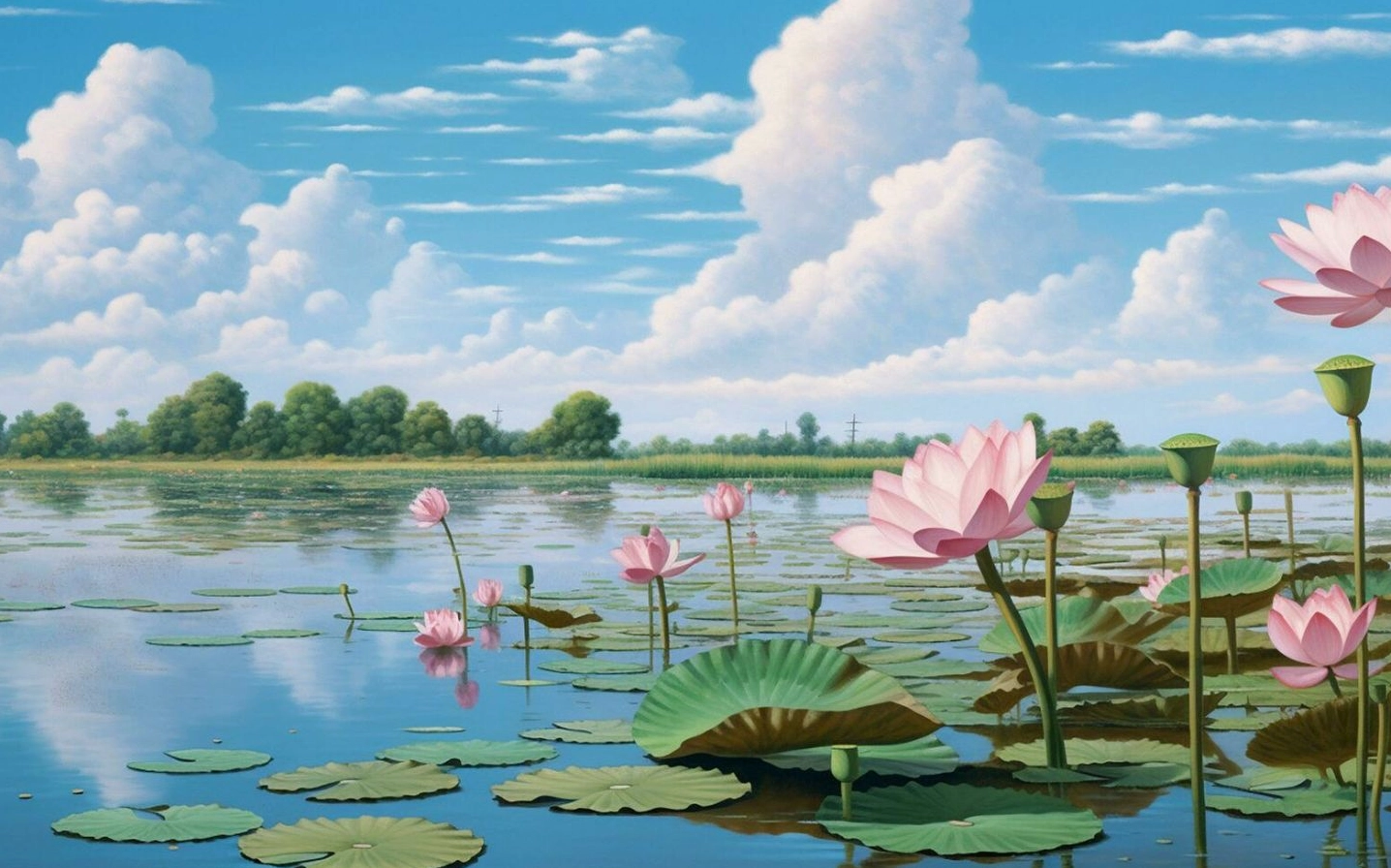 Sen nở giữa hồ bầu trời xanh