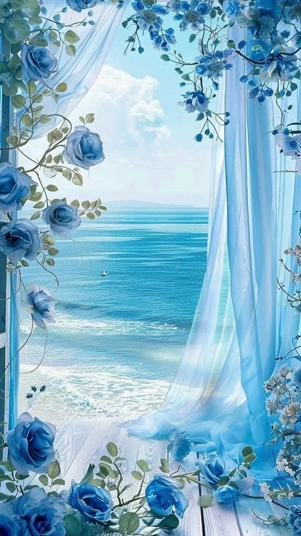 Tải ảnh hoa hồng màu xanh cạnh biển rèm trắng bay nhẹ nhìn dịu mắt với bokeh mờ