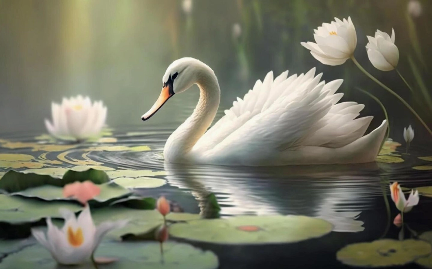 Thiên nga bơi lượn giữa hoa sen