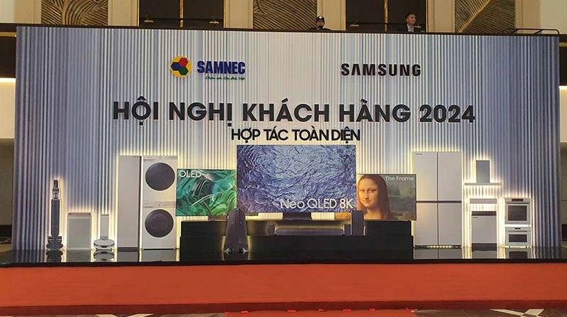 Thiết kế backdrop hội nghị khách hàng của Samsung đẳng cấp