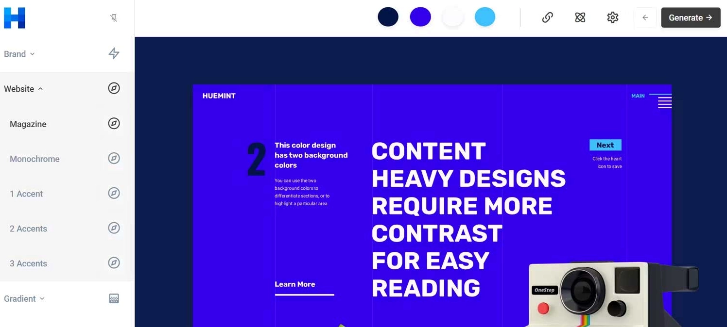 Trang web tạo background Huemint