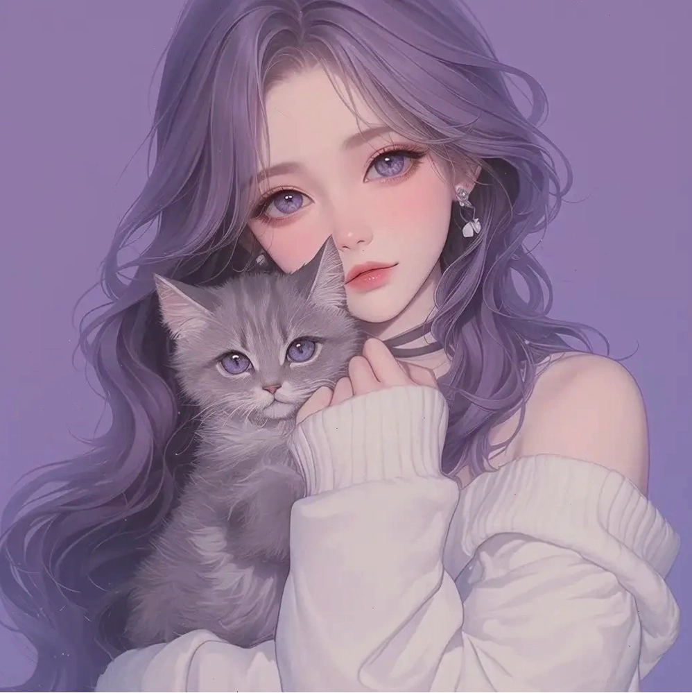 Ảnh anime nữ màu tím cute với đôi mắt to tròn và mái tóc dài