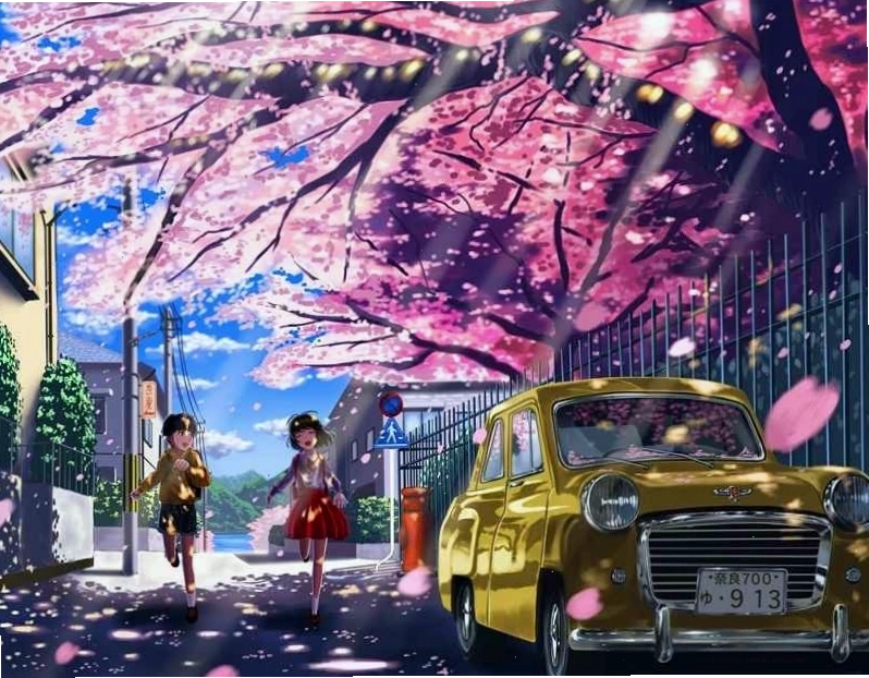 Anime ngắm hoa anh đào dưới ánh trăng