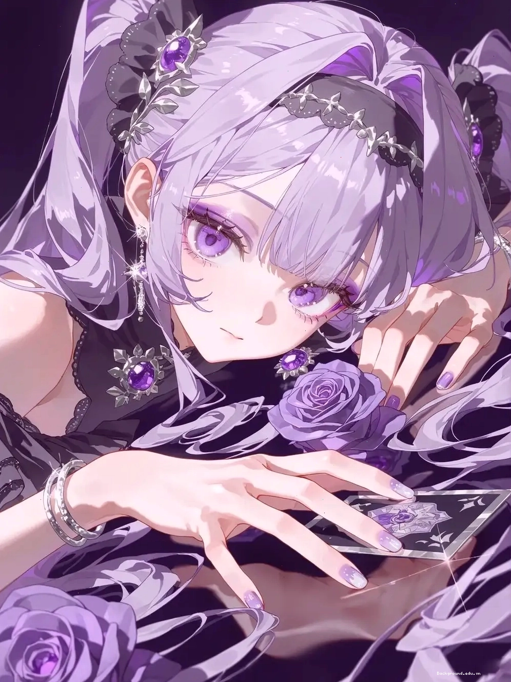 Avatar anime cô gái tóc tím lãng mạn ngồi bên cửa sổ