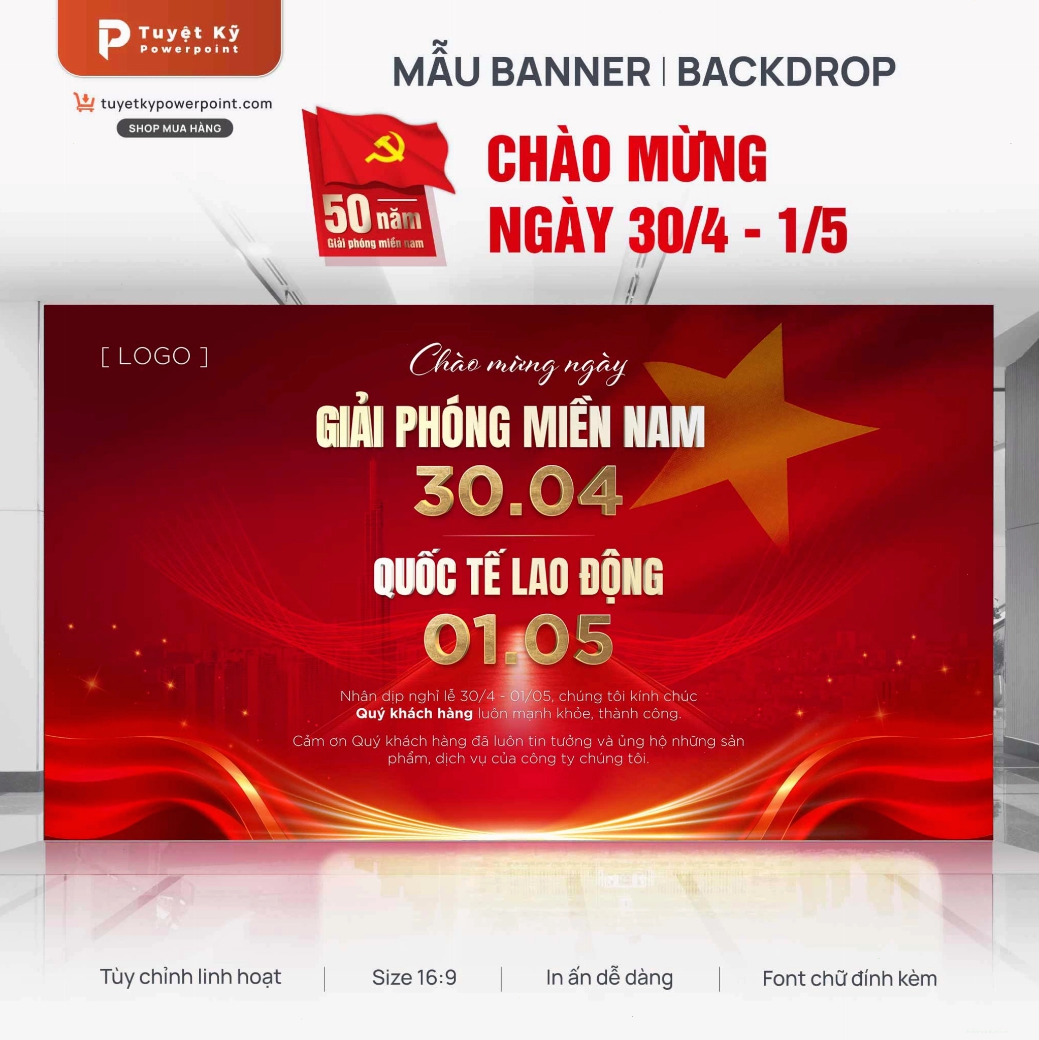 Backdrop chào mừng giải phóng miền nam quốc tế lao động có họa tiết trống đồng