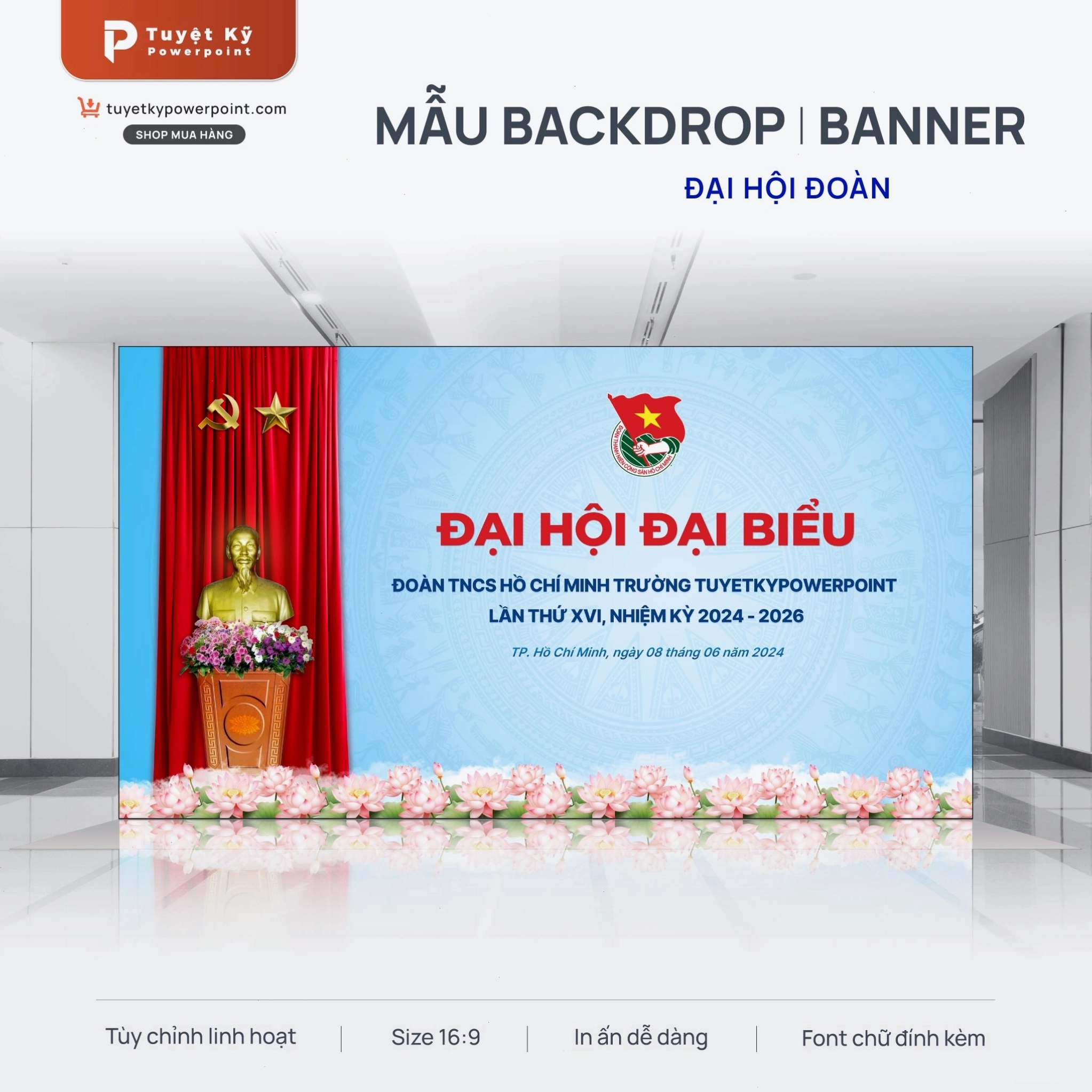Backdrop Đại Hội Đoàn với biểu tượng trống đồng và hoa sen