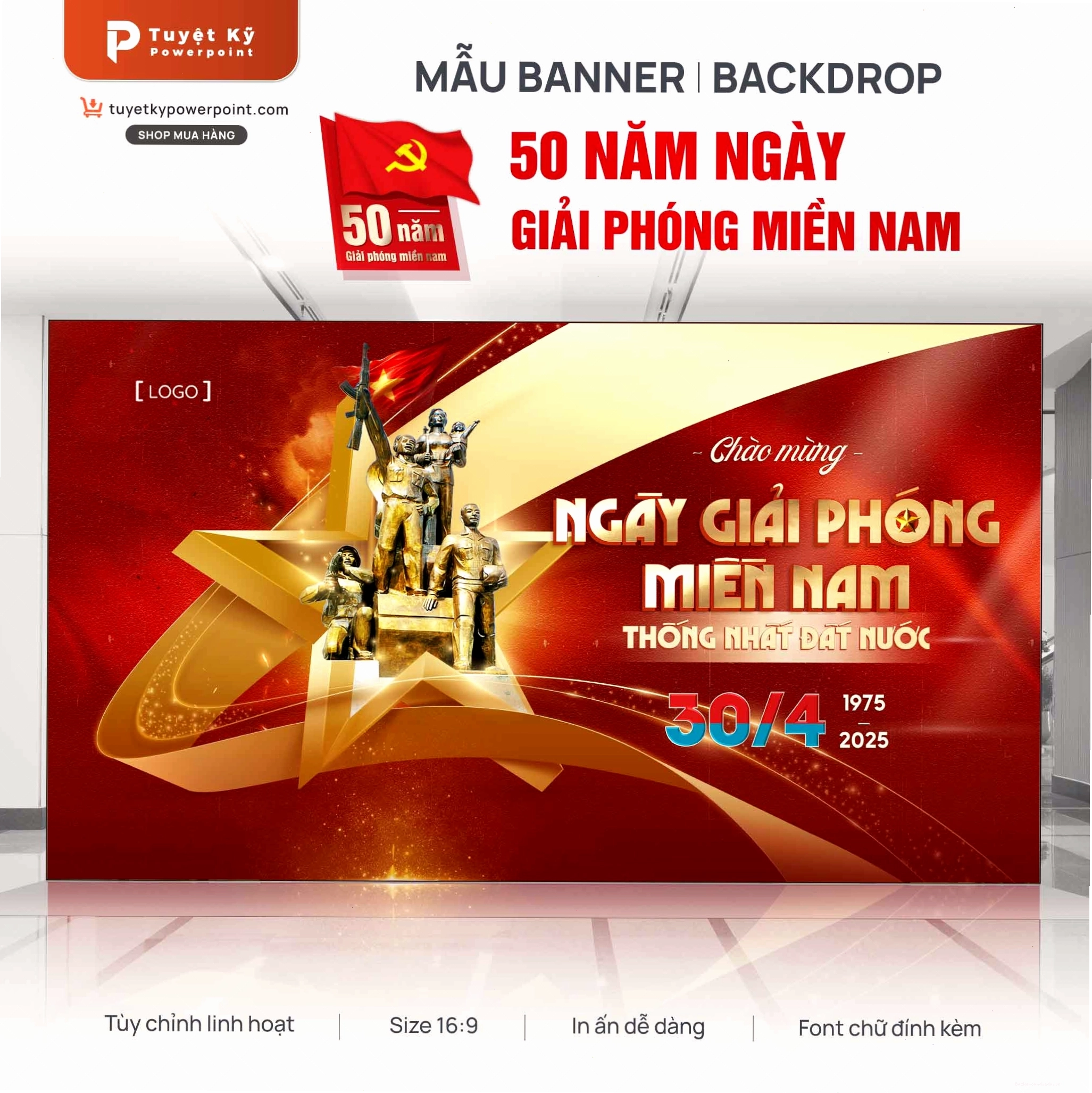 Backdrop hiện đại chúc mừng ngày giải phóng miền nam với họa tiết trống đồng
