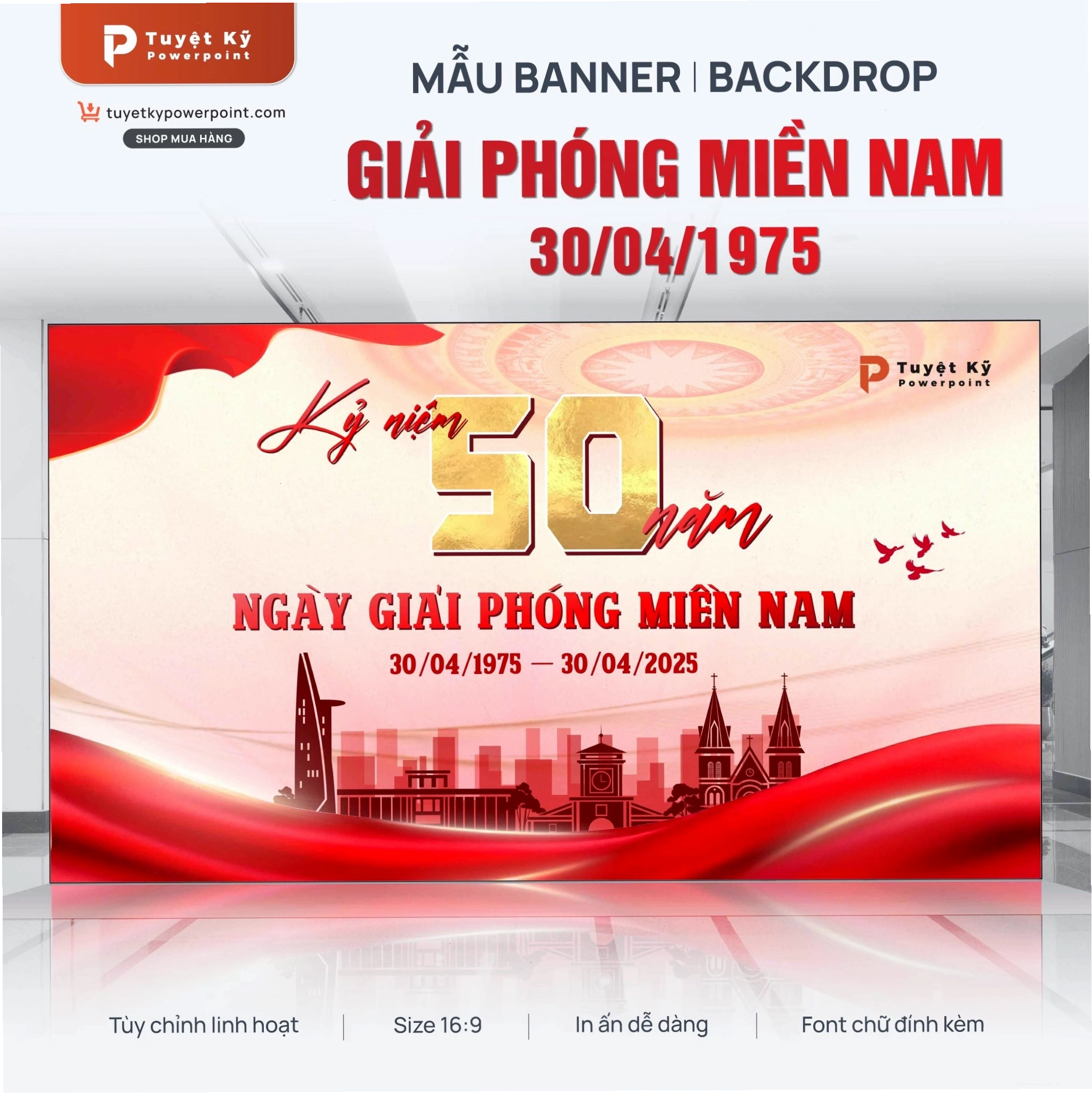 Backdrop kỷ niệm 50 năm ngày giải phóng miền nam với hoa sen và trống đồng
