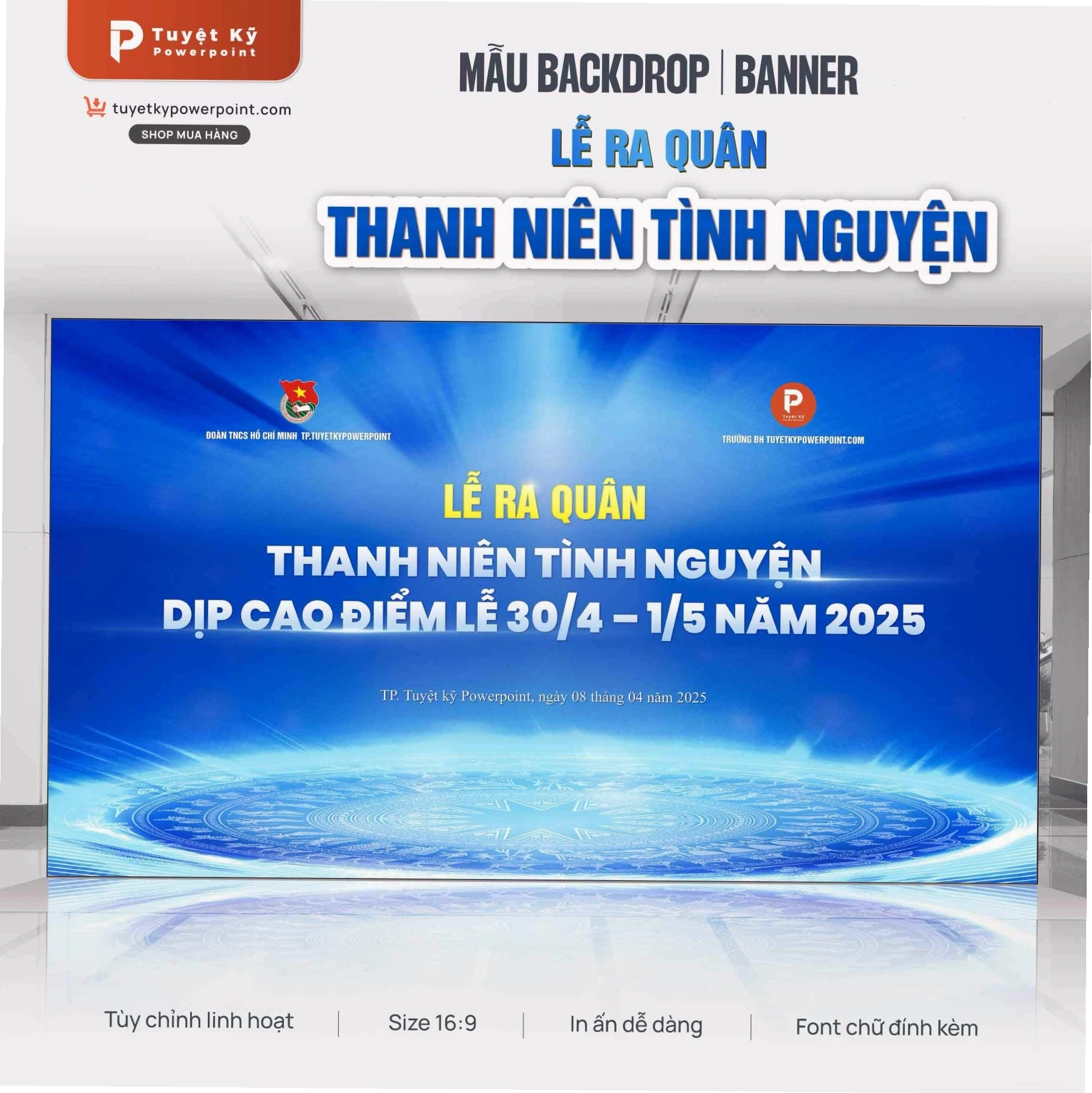 Backdrop lễ ra quân thanh niên tình nguyện với sắc đỏ chủ đạo và hoa sen