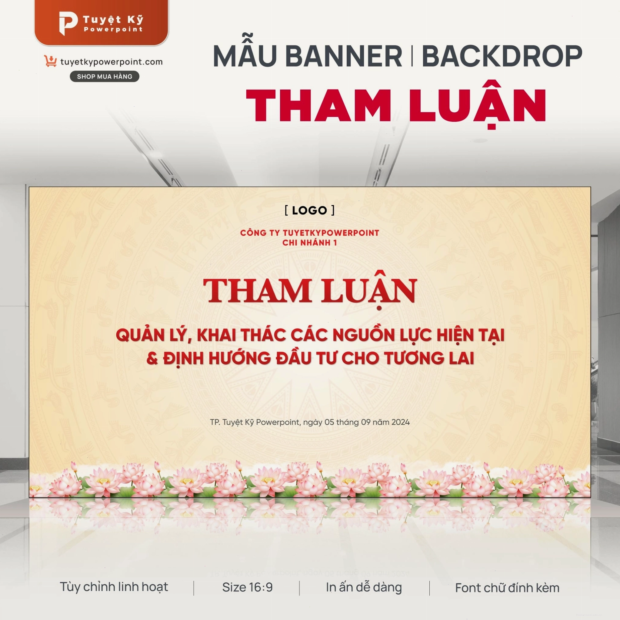 Backdrop tham luận trống đồng hoa sen, phù hợp cho các hội nghị khoa học