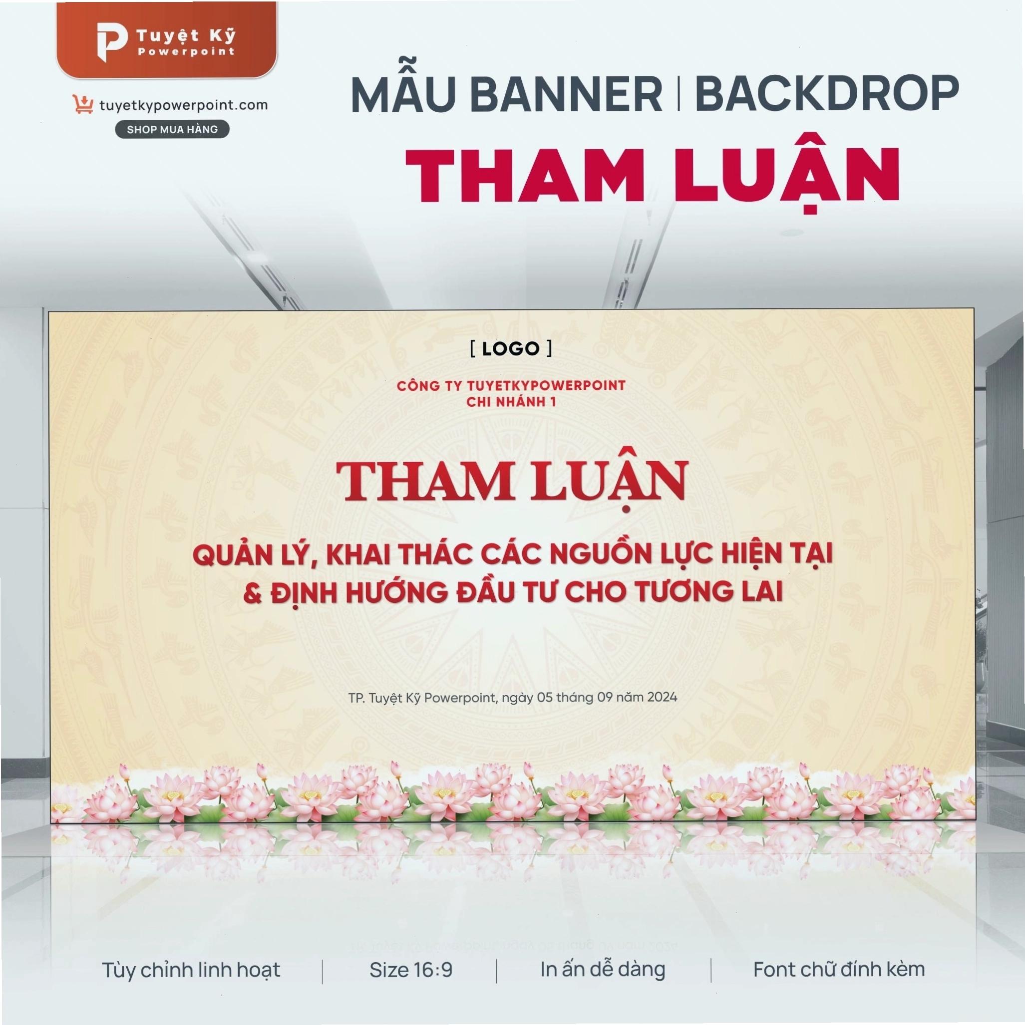 Backdrop tham luận trống đồng hoa sen vàng kim sang trọng